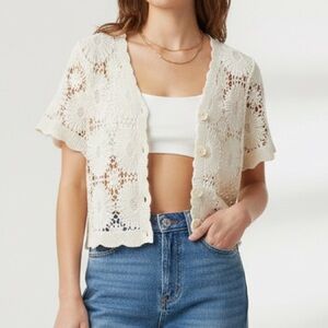 REBELLION AGAIN Ivory Floral Crochet Cardigan - Boho Cottagecore Crop Top - S